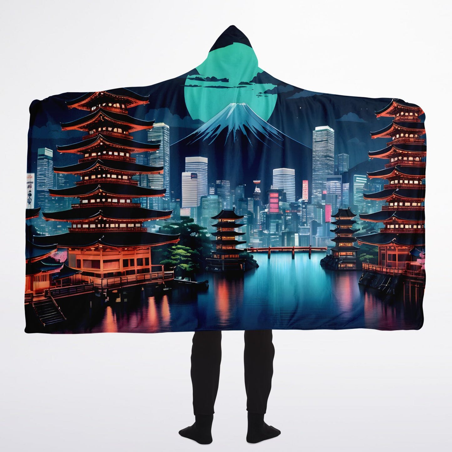 Anime Hooded Blanket - Sherpa Fleece Tokyo Artwork with City Night Vibes