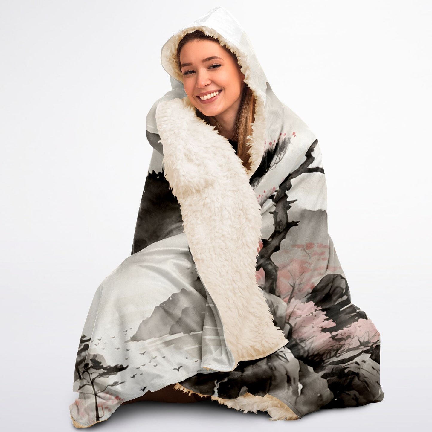 Japanese Mountain Hooded Blanket - Sherpa Fleece with Fantasy Watercolour Painting Artwork