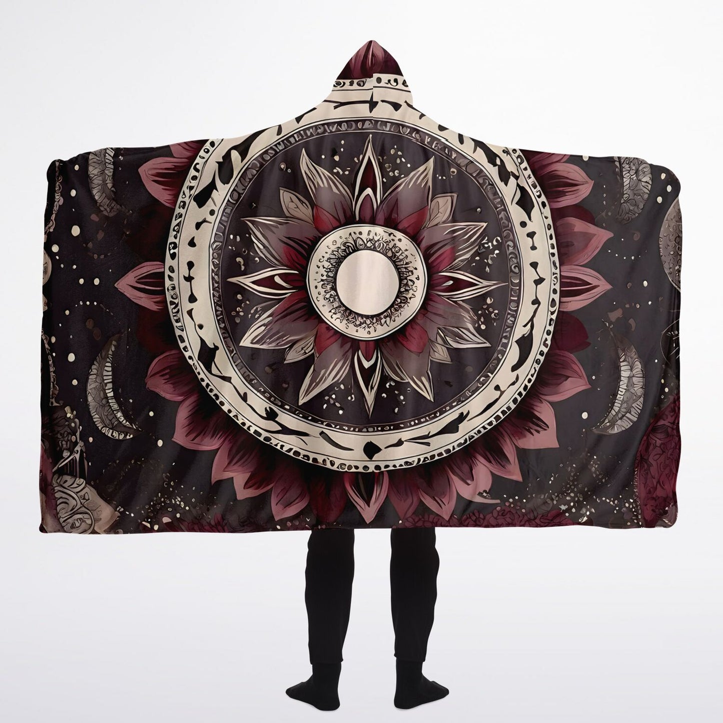 Maroon Mandala Hooded Blanket - Sherpa Fleece with Americana Boho Festival Design