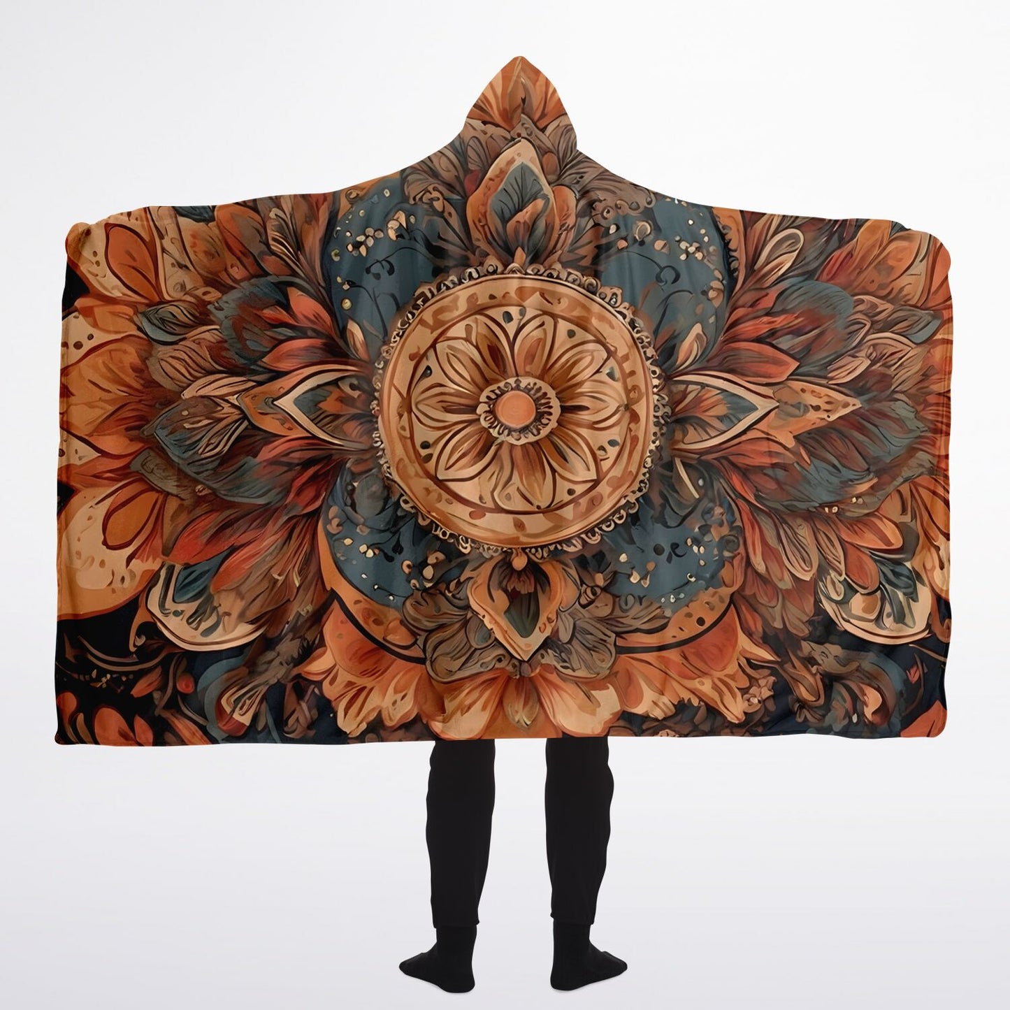 Earth Mandala Hooded Blanket - Fleece Blanket with Bohemian Floral Pattern