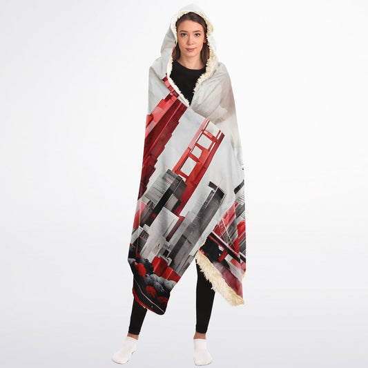 Bold Print Hooded Blanket - Sherpa Fleece with City White and Bold Red Accents