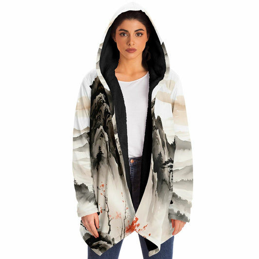 Asia Mountain Hooded Cloak - Sherpa Fleece with Fantasy Japanese Horizon