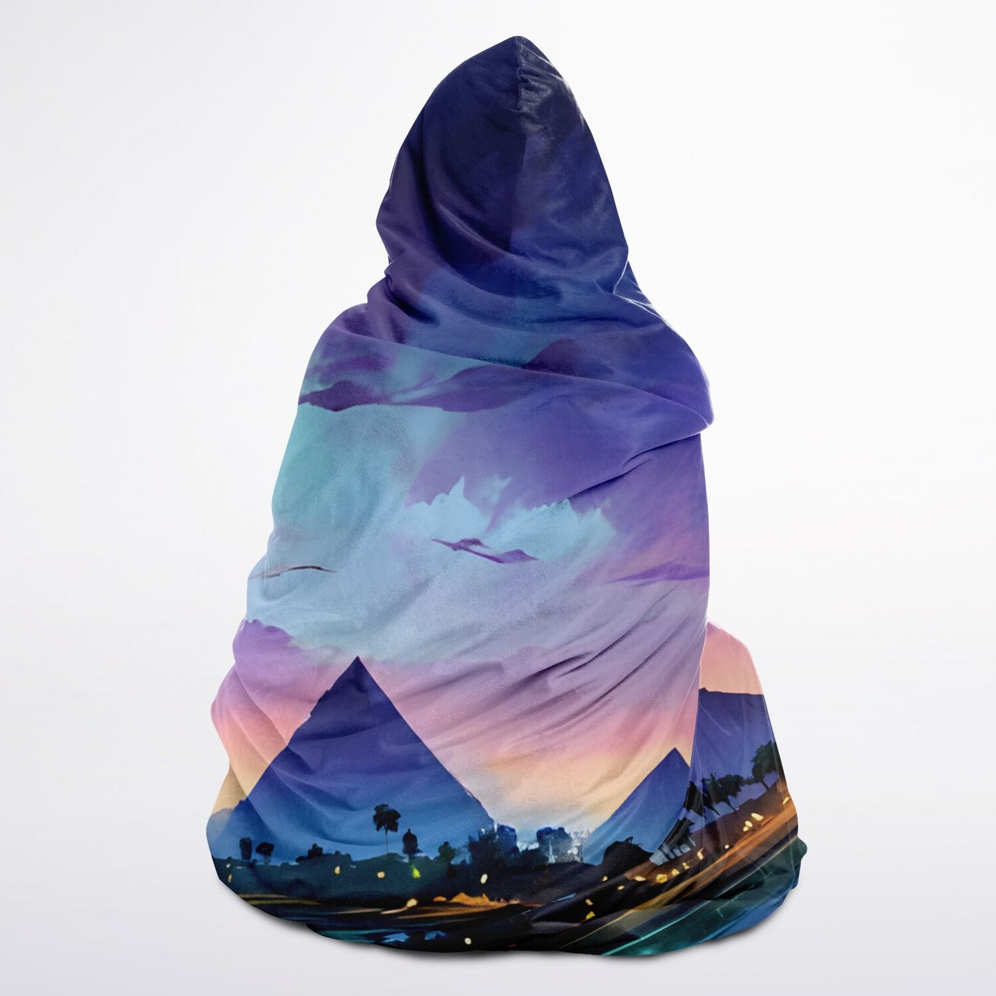 Anime Pyramids Hooded Blanket - Sherpa Fleece with Fantasy Egyptian Artwork Scene