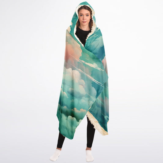 Green Clouds Hooded Blanket - Sherpa Fleece with Anime Cloud Pattern