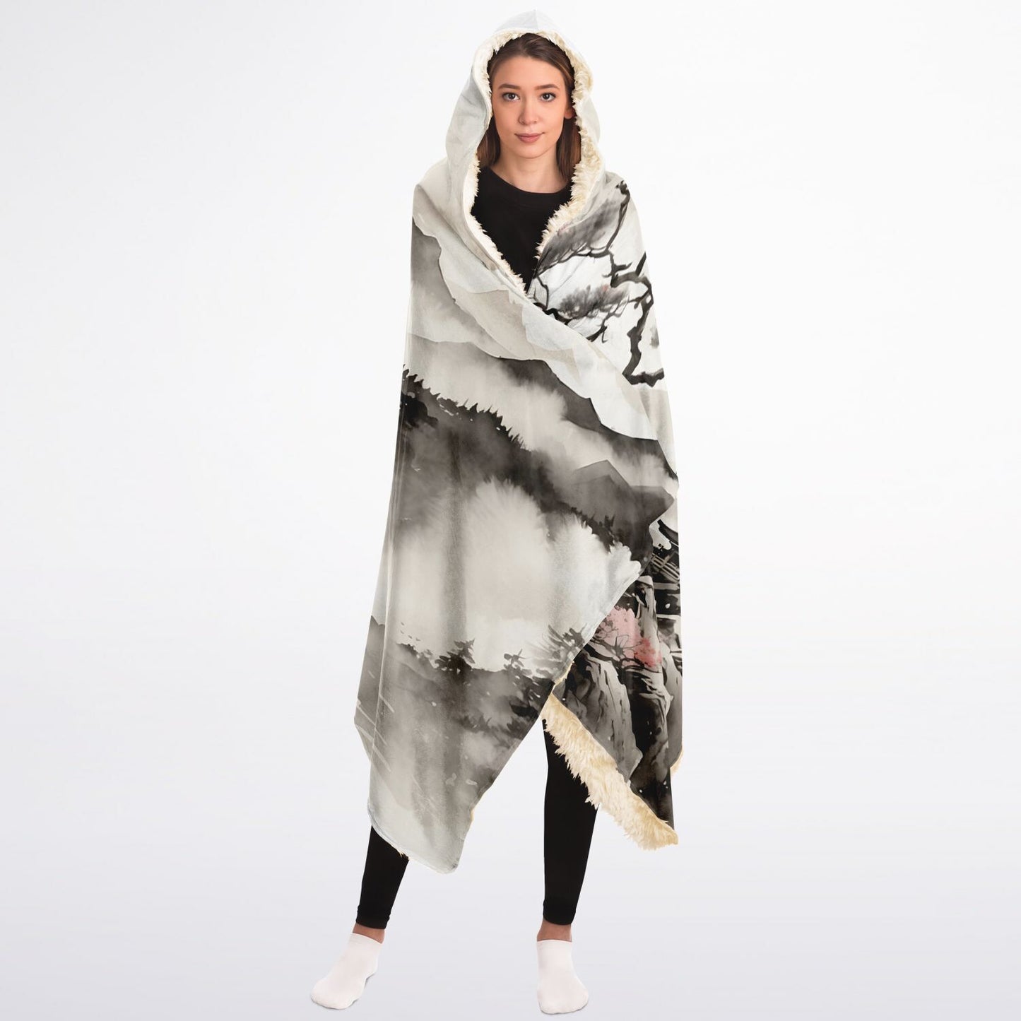 Japanese Mountain Hooded Blanket - Sherpa Fleece with Fantasy Watercolour Painting Artwork