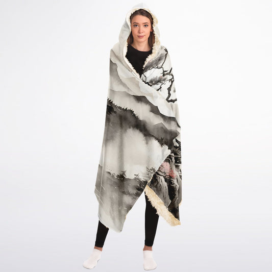 Japanese Mountain Hooded Blanket - Sherpa Fleece with Fantasy Watercolour Painting Artwork