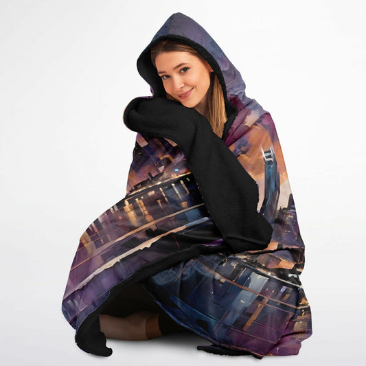 Painted Art Hooded Blanket - Sherpa Fleece with City Rave Night Horizon