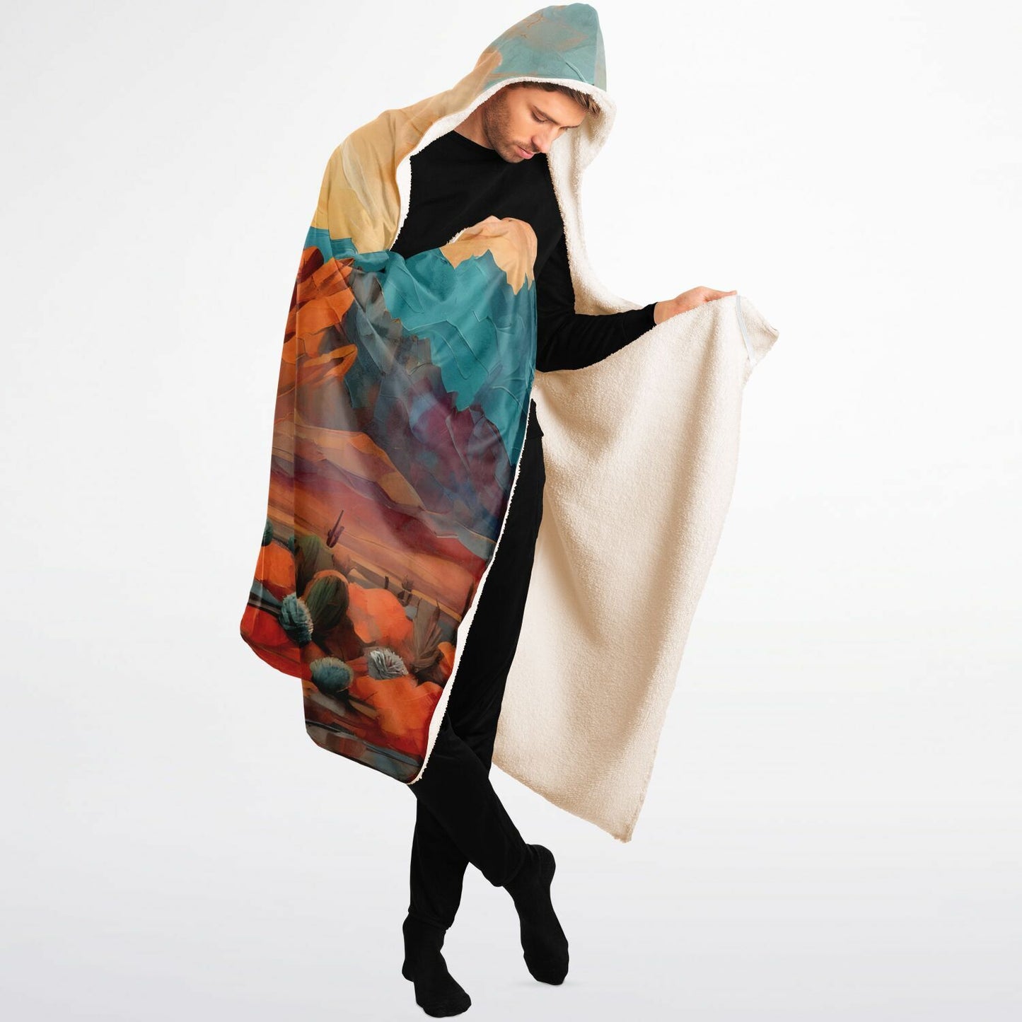 Design Hooded Blanket - Festival Style Sherpa Fleece with Teal & Orange Artwork