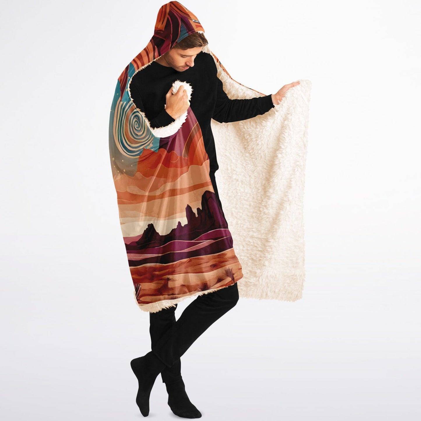 Boho Desert Hooded Blanket - Sherpa Fleece with Boho Desert Horizon and Sunflower