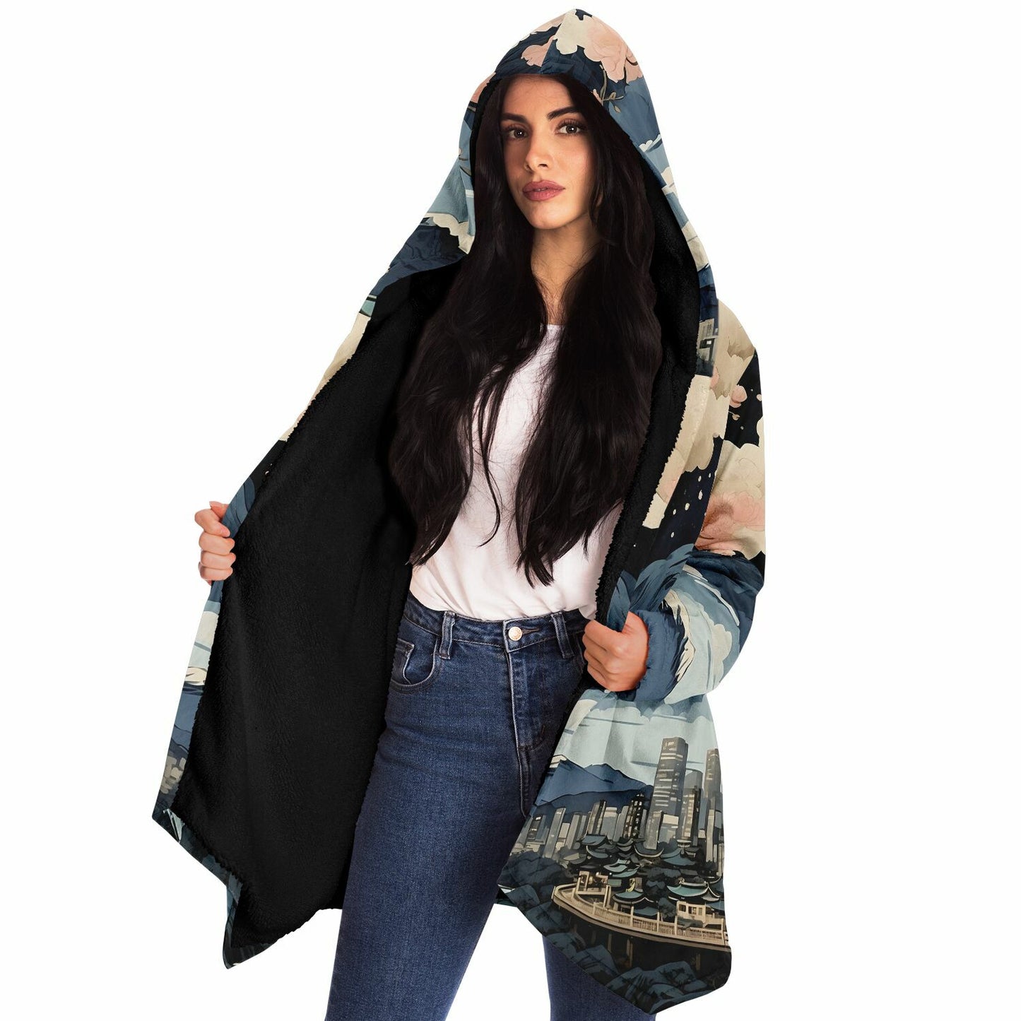 Painted Kyoto Hooded Cloak - Sherpa Fleece with Anime Japanese City Skyline