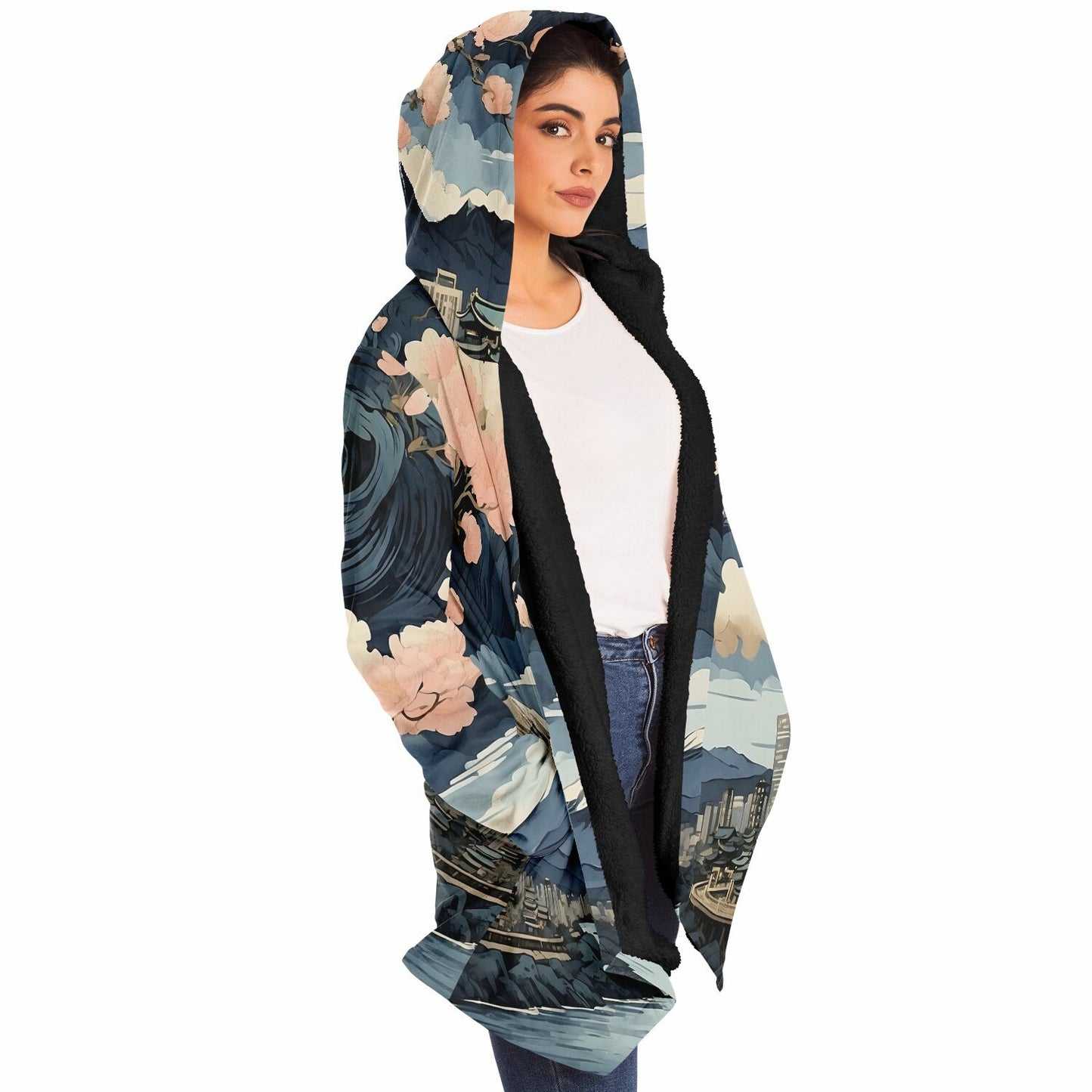 Painted Kyoto Hooded Cloak - Sherpa Fleece with Anime Japanese City Skyline