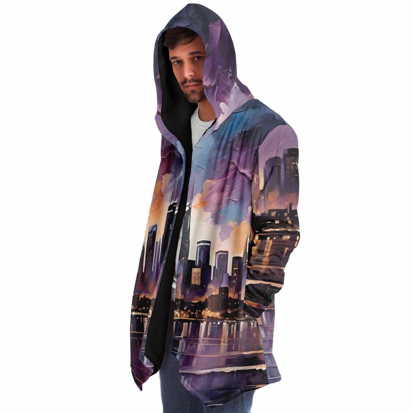 Night Sky Hooded Cloak - Rave Sherpa Fleece Cloak with Wearable Art
