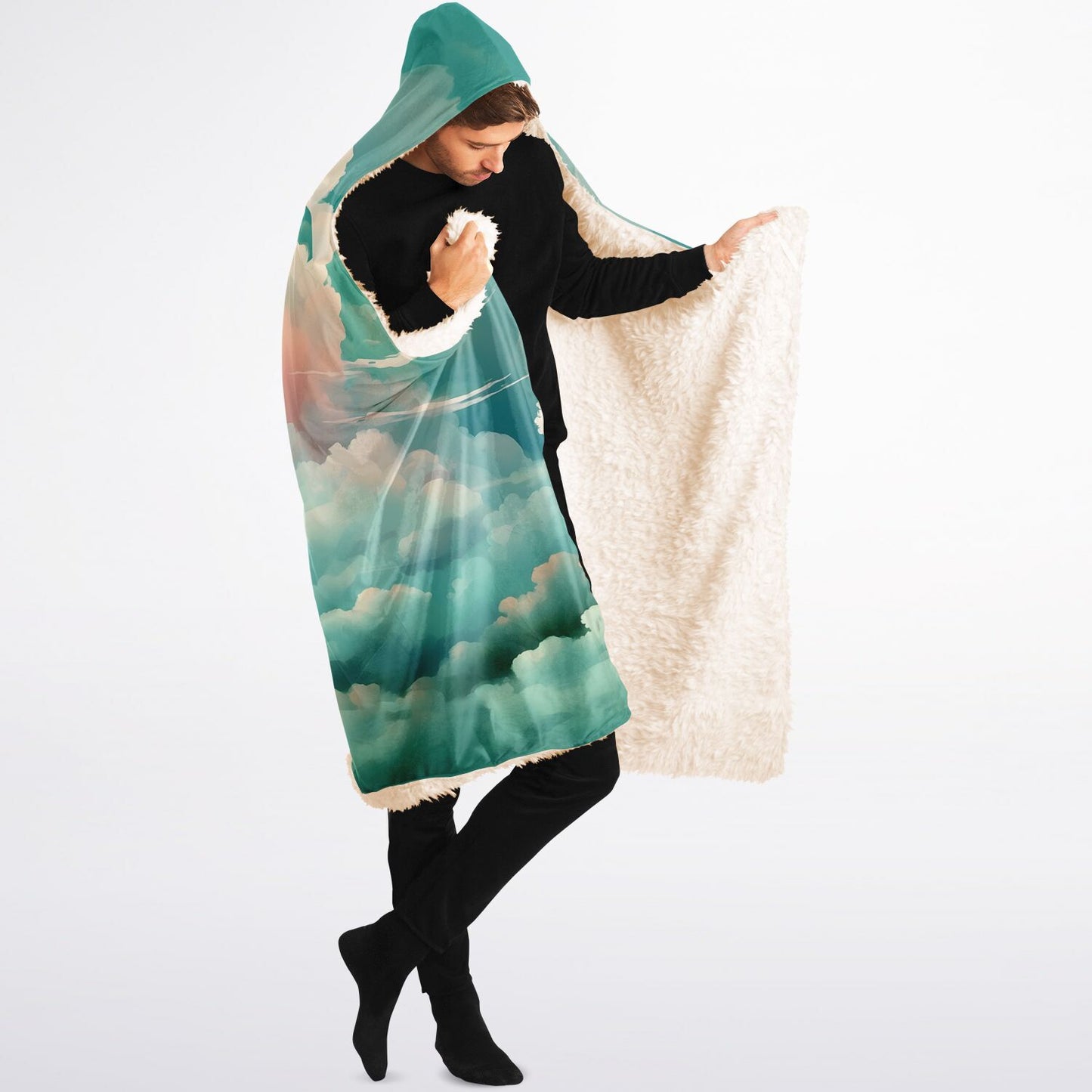 Green Clouds Hooded Blanket - Sherpa Fleece with Anime Cloud Pattern