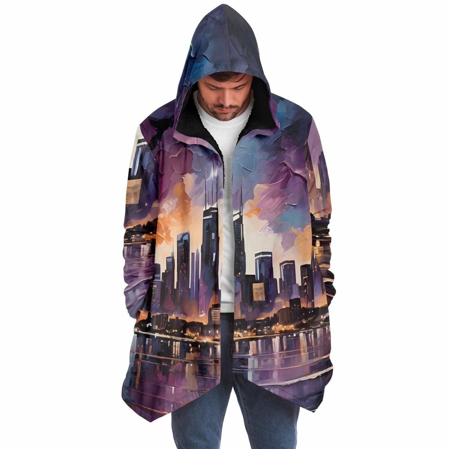 Night Sky Hooded Cloak - Rave Sherpa Fleece Cloak with Wearable Art