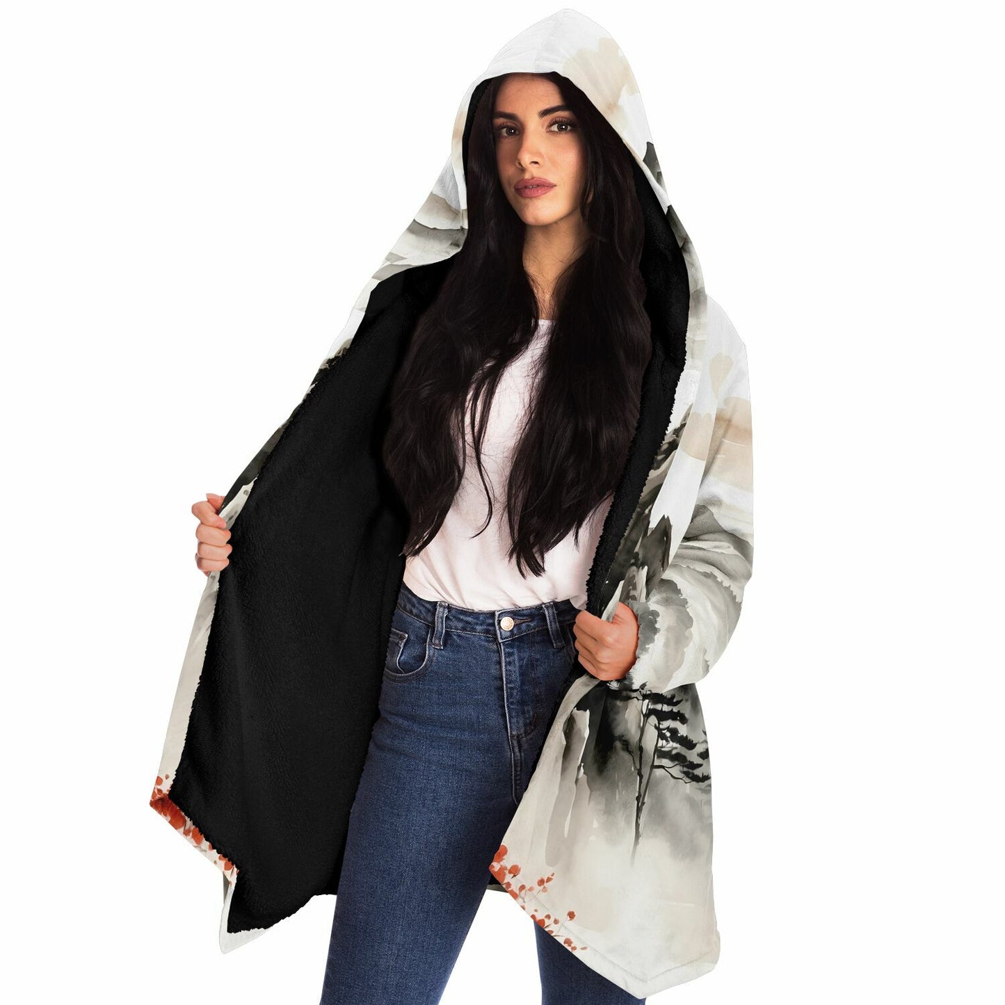 Asia Mountain Hooded Cloak - Sherpa Fleece with Fantasy Japanese Horizon