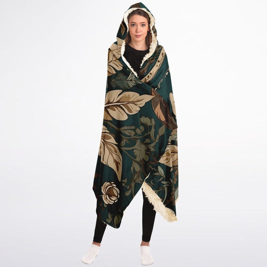 Dark Sage Hooded Blanket - Sherpa Fleece with Boho Floral Green Artwork