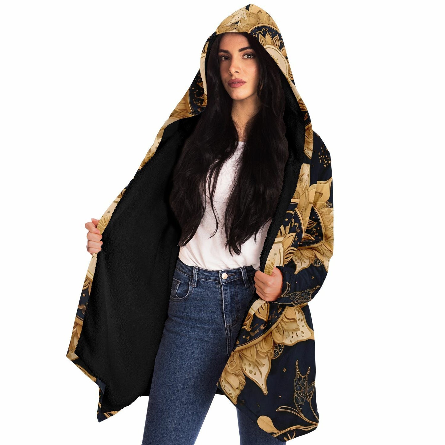 Celestial Blue Hooded Cloak - Sherpa Fleece with Gold Sun and Solar Aesthetics