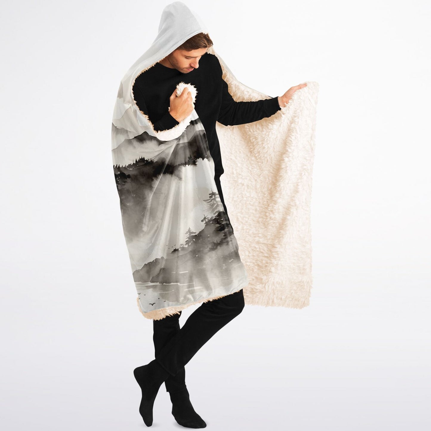 Japanese Mountain Hooded Blanket - Sherpa Fleece with Fantasy Watercolour Painting Artwork