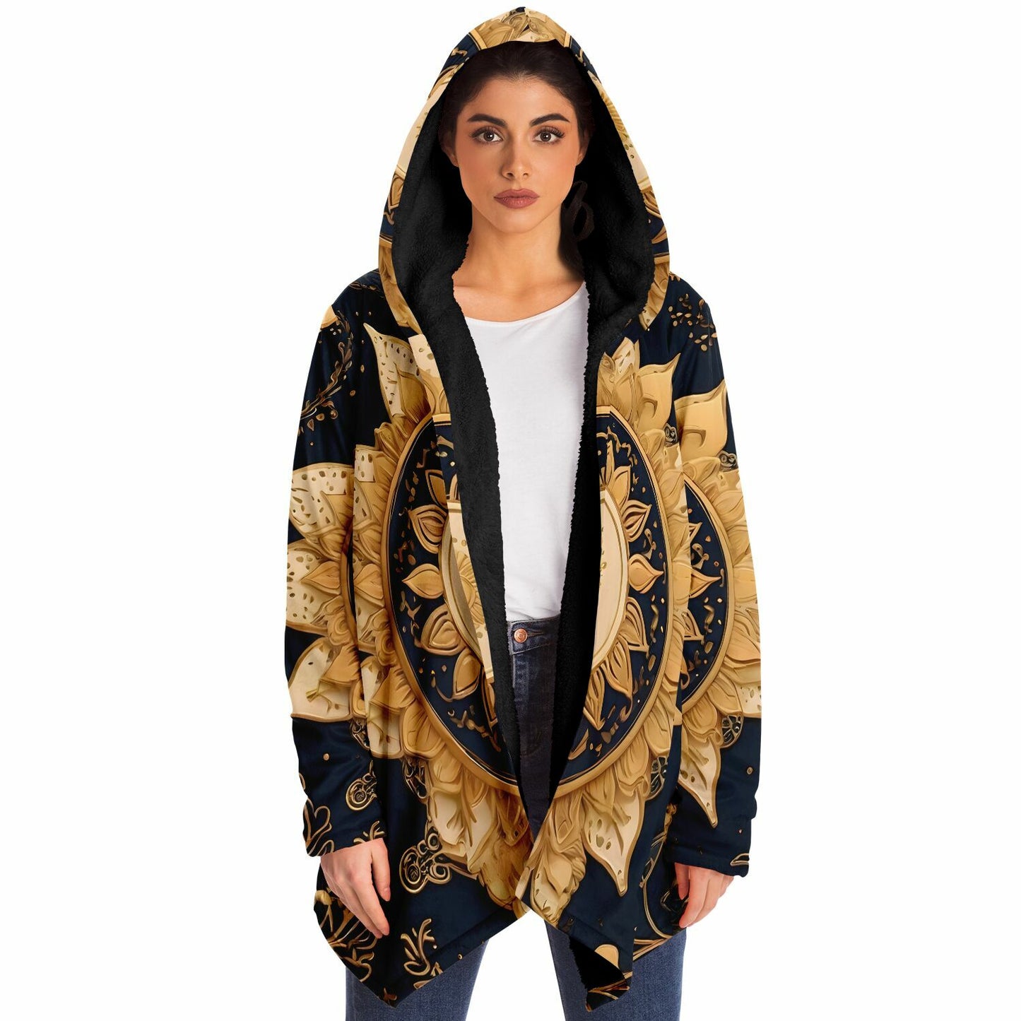 Celestial Blue Hooded Cloak - Sherpa Fleece with Gold Sun and Solar Aesthetics