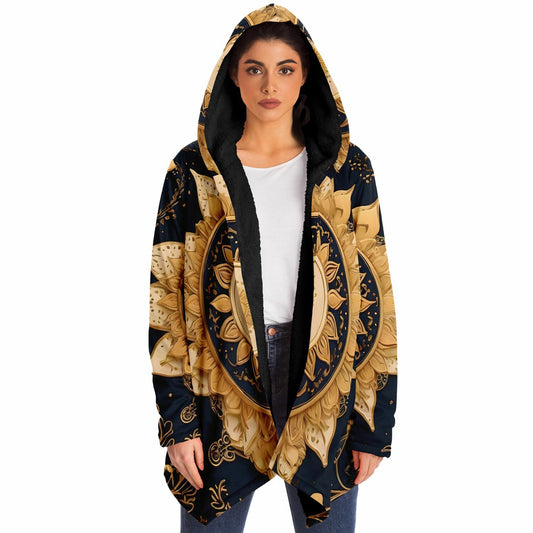 Celestial Blue Hooded Cloak - Sherpa Fleece with Gold Sun and Solar Aesthetics