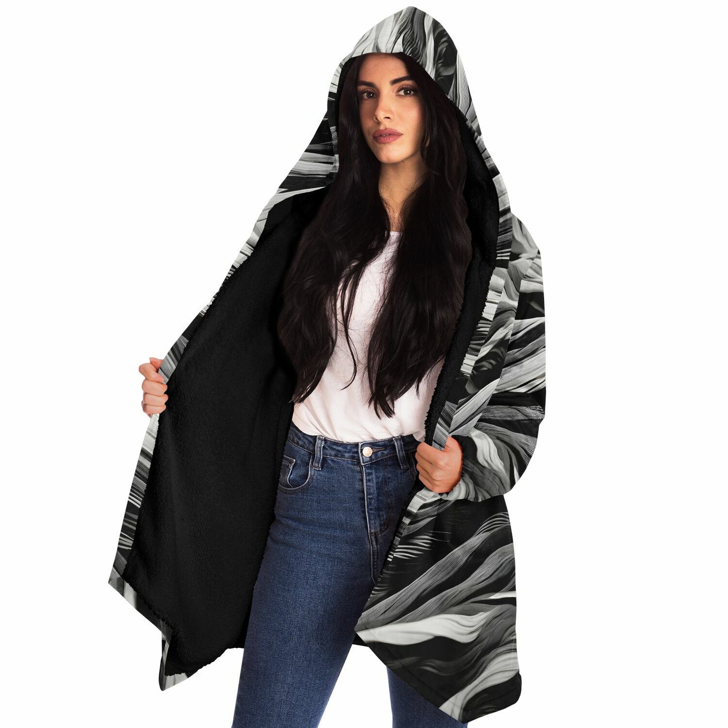 Rave Fashion Hooded Cloak - Fleece Lined Festival Wear with Black Swirl Pattern