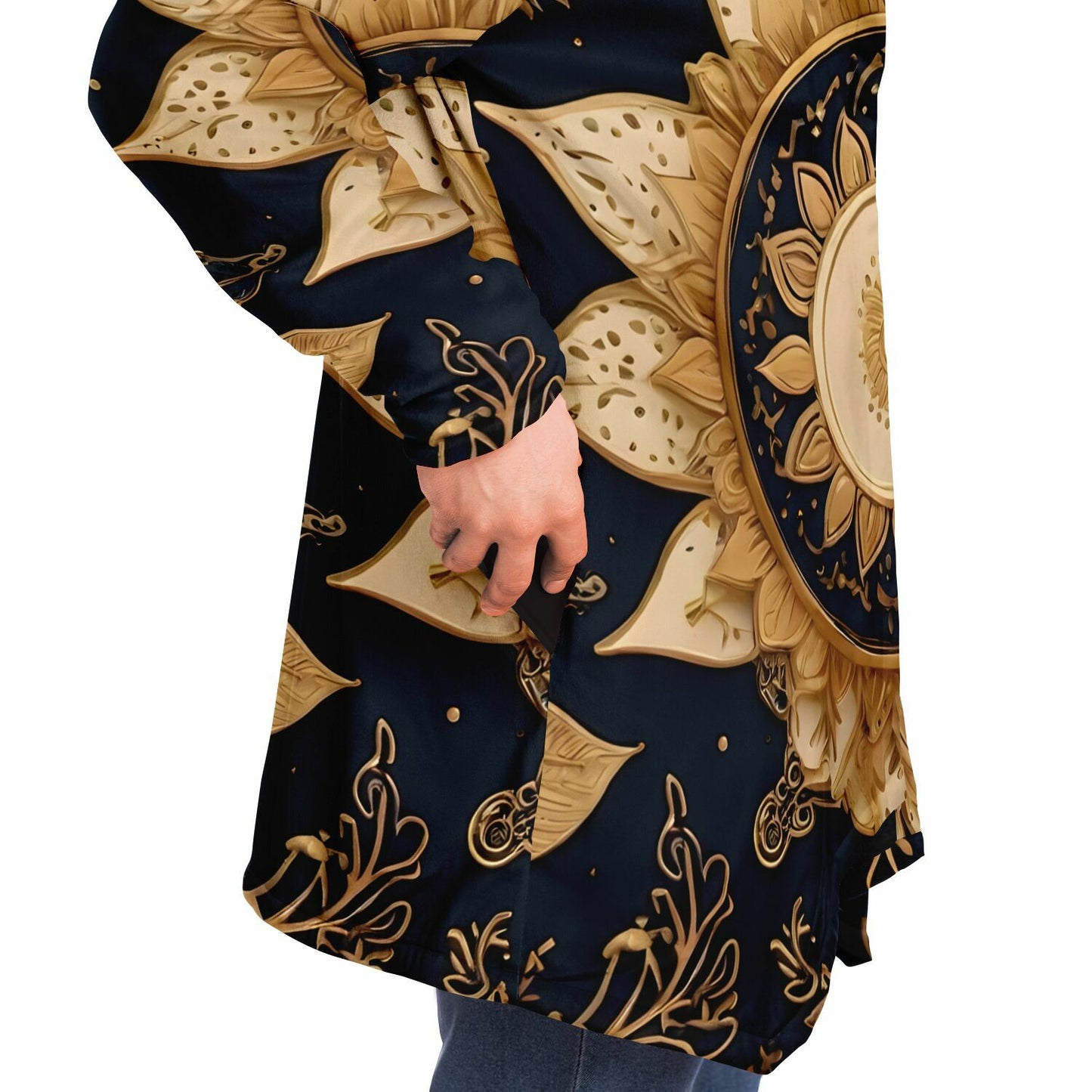 Celestial Blue Hooded Cloak - Sherpa Fleece with Gold Sun and Solar Aesthetics