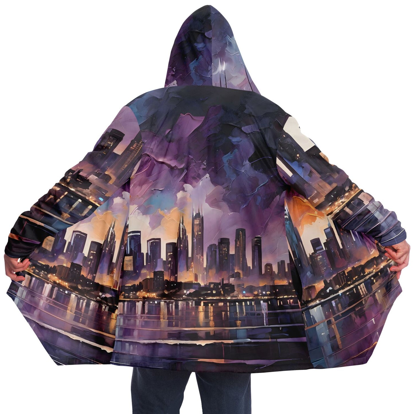 Night Sky Hooded Cloak - Rave Sherpa Fleece Cloak with Wearable Art