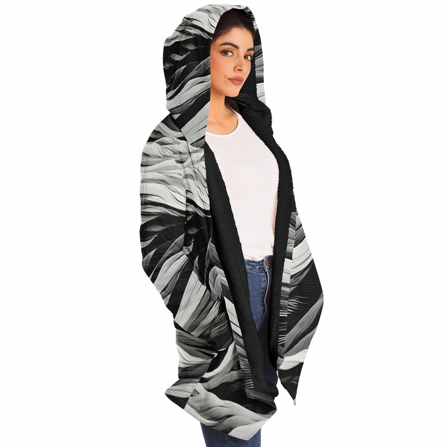 Rave Fashion Hooded Cloak - Fleece Lined Festival Wear with Black Swirl Pattern