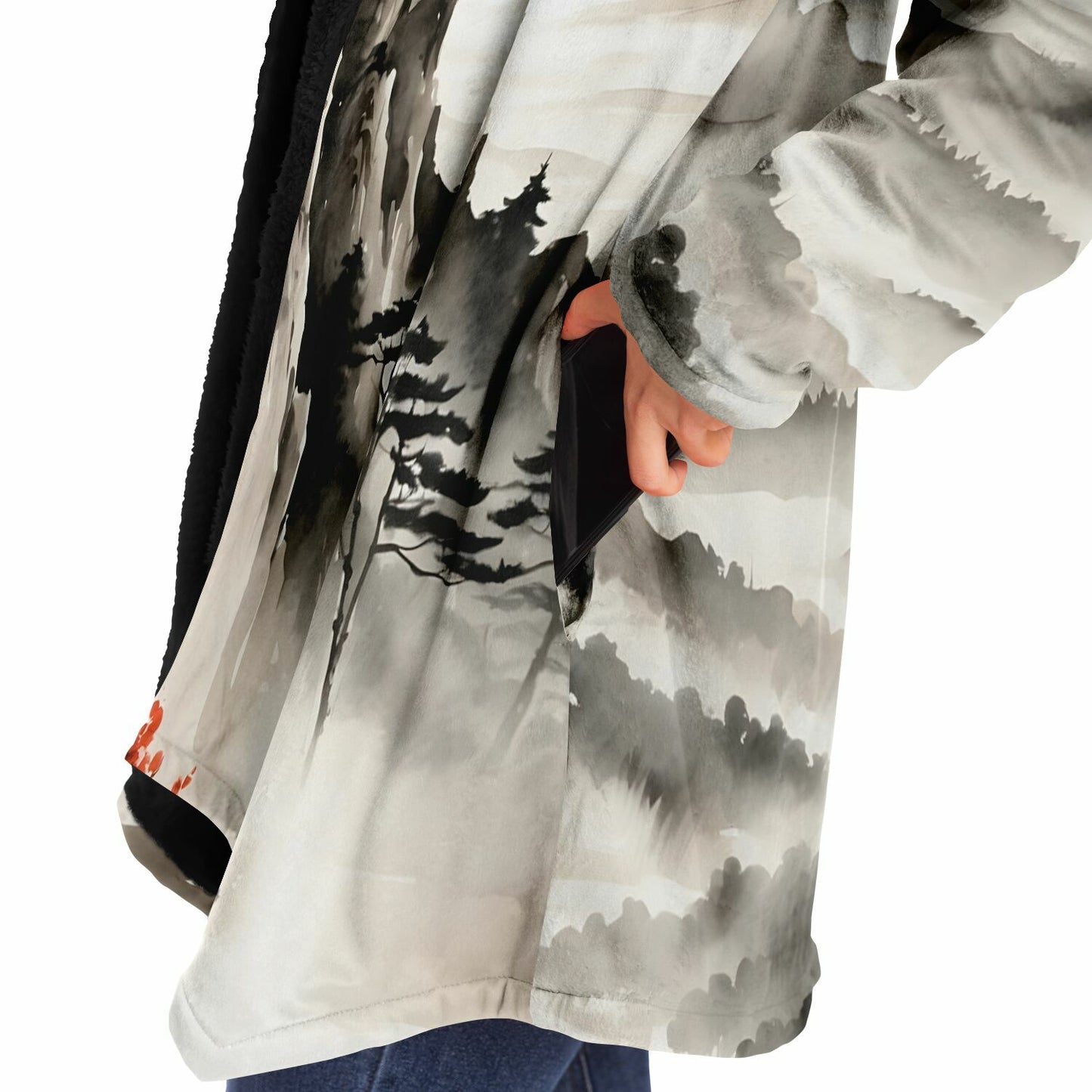 Asia Mountain Hooded Cloak - Sherpa Fleece with Fantasy Japanese Horizon