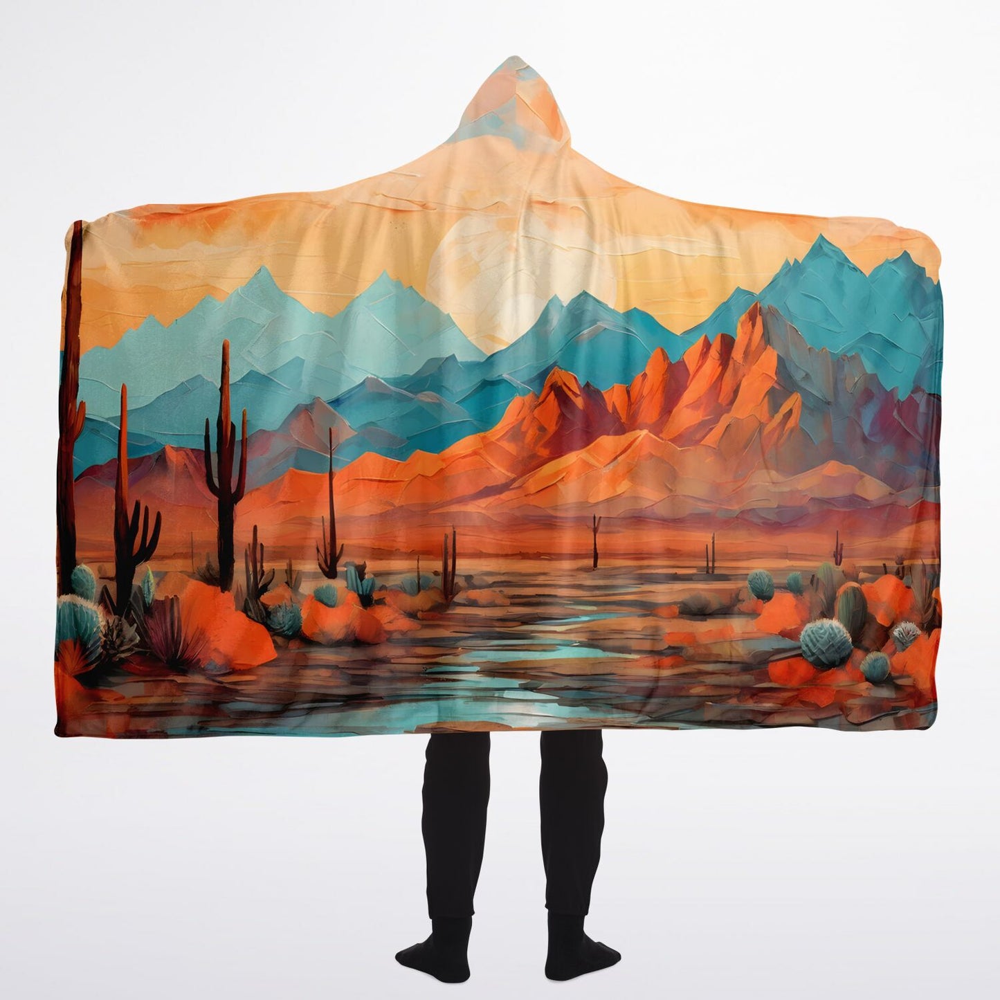 Design Hooded Blanket - Festival Style Sherpa Fleece with Teal & Orange Artwork