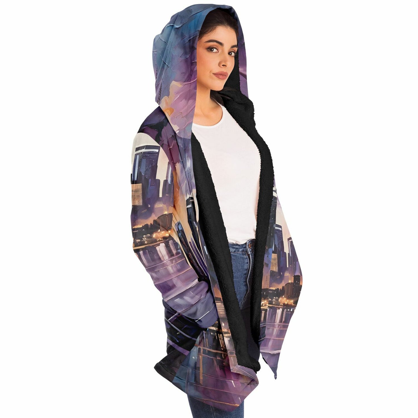 Night Sky Hooded Cloak - Rave Sherpa Fleece Cloak with Wearable Art