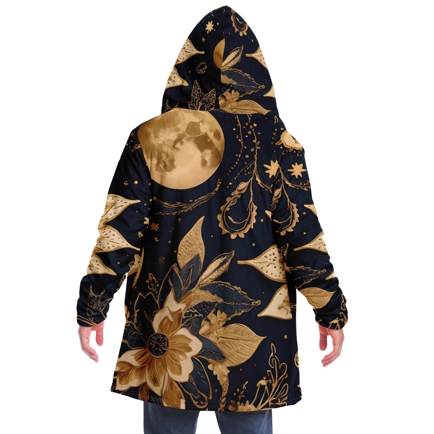 Celestial Blue Hooded Cloak - Sherpa Fleece with Gold Sun and Solar Aesthetics