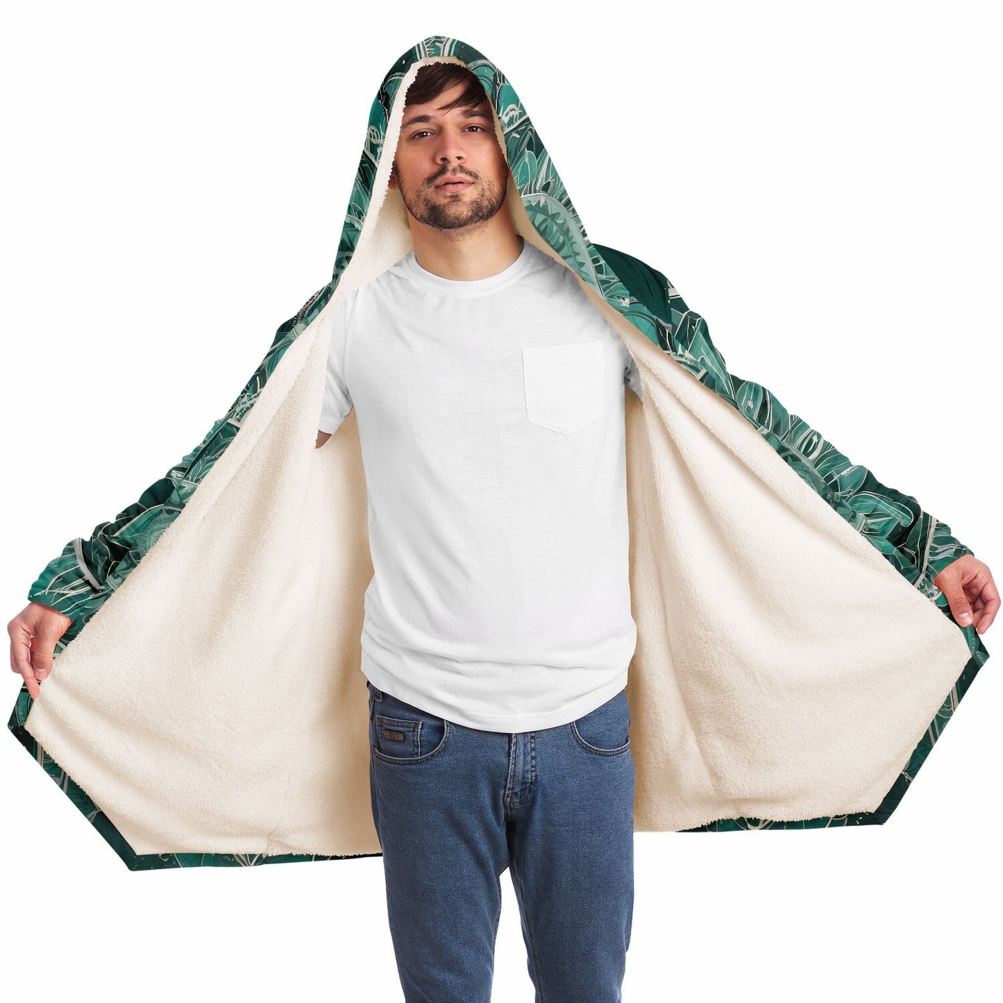 Emerald Mandala Hooded Cloak - Durable Fleece Cloak with Abstract Mandala Pattern