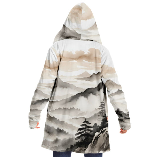 Asia Mountain Hooded Cloak - Sherpa Fleece with Fantasy Japanese Horizon