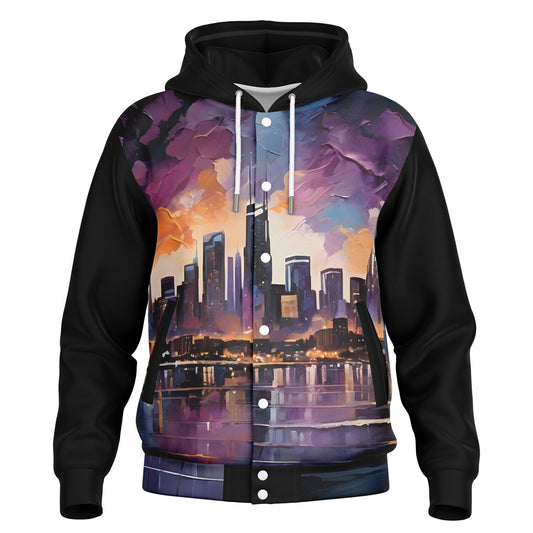 Rave City Hoodie Jacket - Durable Streetwear Bomber Jacket with City Art Pattern