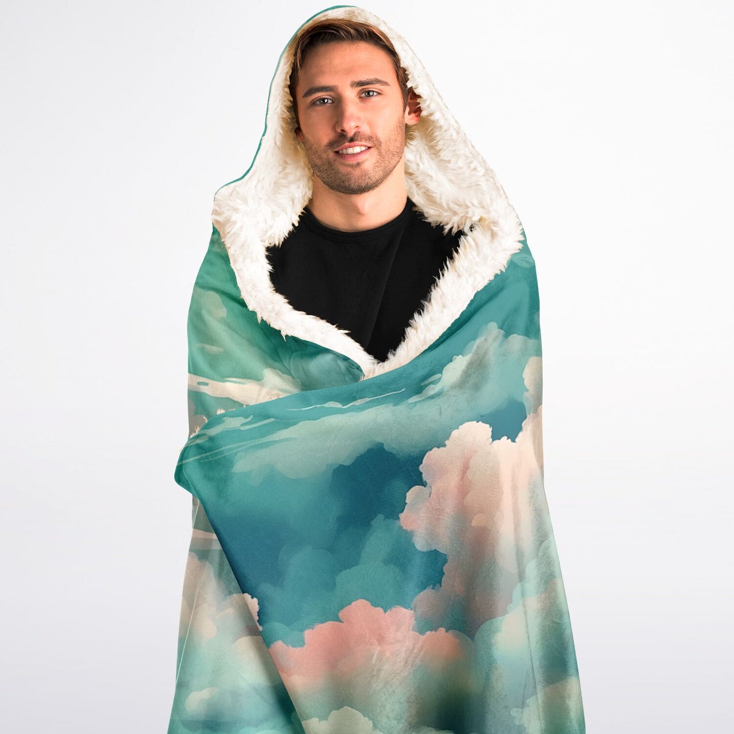 Green Clouds Hooded Blanket - Sherpa Fleece with Anime Cloud Pattern