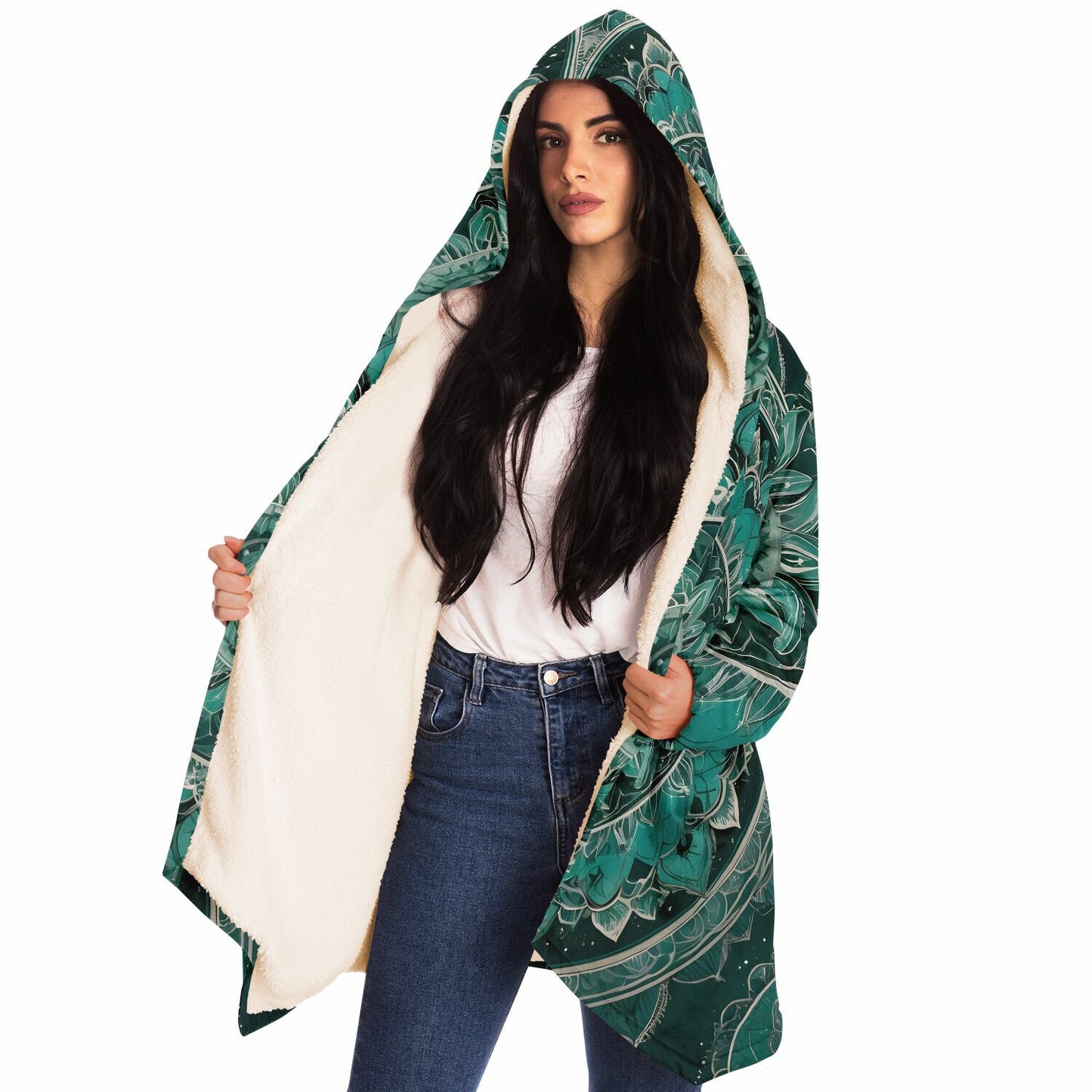 Emerald Mandala Hooded Cloak - Durable Fleece Cloak with Abstract Mandala Pattern