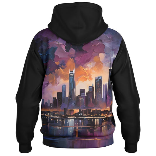 Rave City Hoodie Jacket - Durable Streetwear Bomber Jacket with City Art Pattern