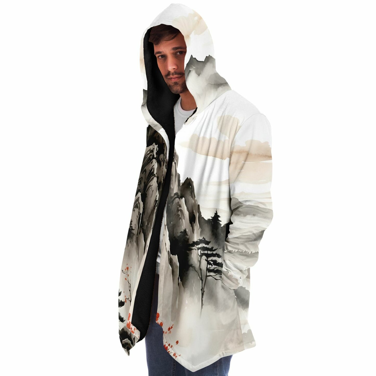 Asia Mountain Hooded Cloak - Sherpa Fleece with Fantasy Japanese Horizon