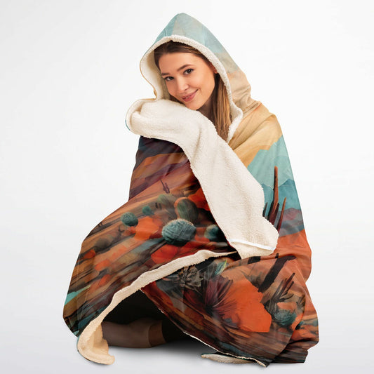 Design Hooded Blanket - Festival Style Sherpa Fleece with Teal & Orange Artwork