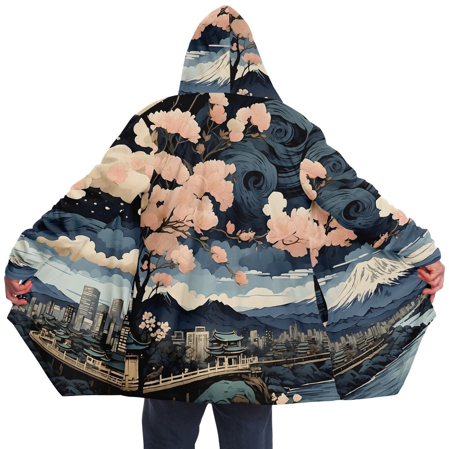 Painted Kyoto Hooded Cloak - Sherpa Fleece with Anime Japanese City Skyline