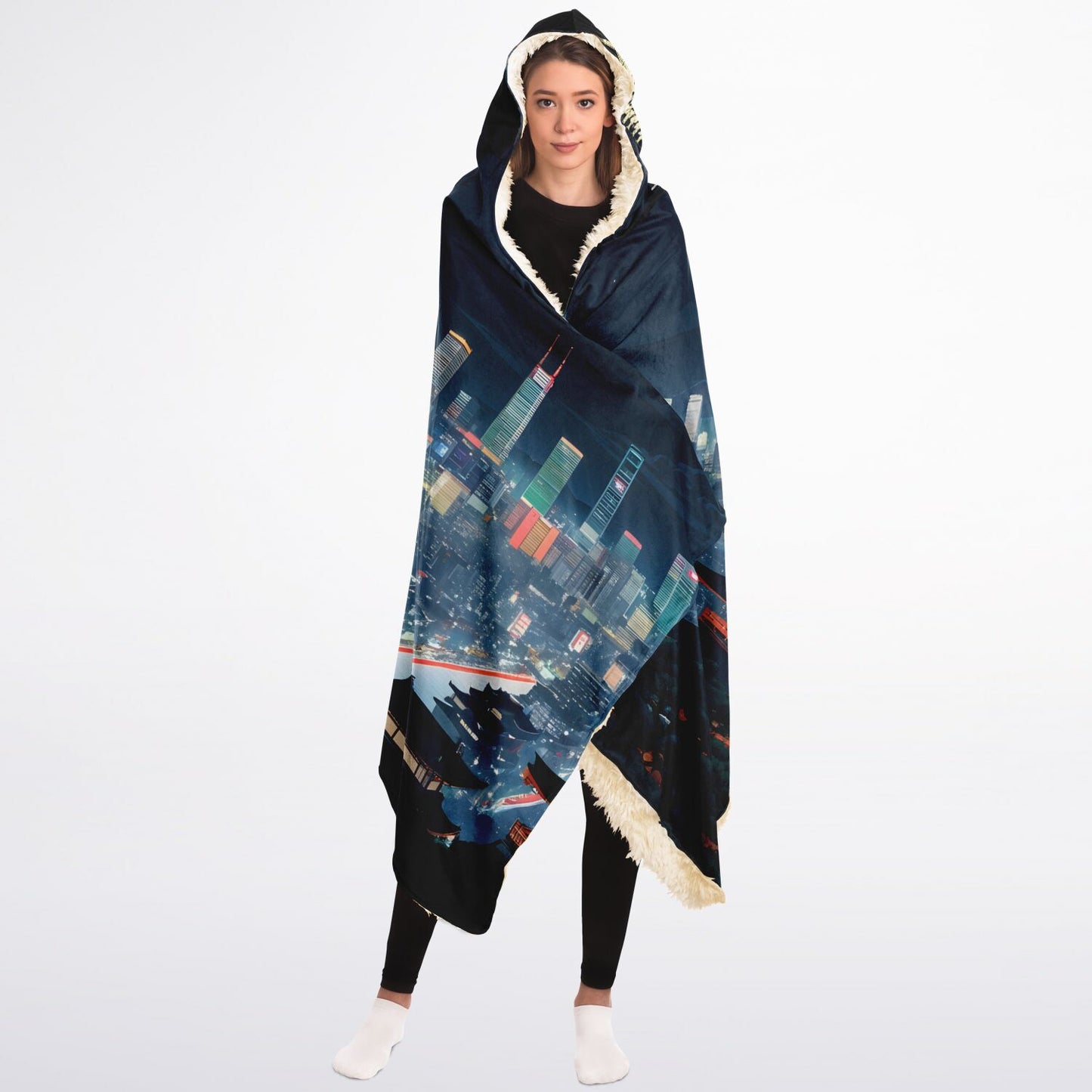 Anime Tokyo City Hooded Blanket - Sherpa Fleece with Electric Nightlife City Print
