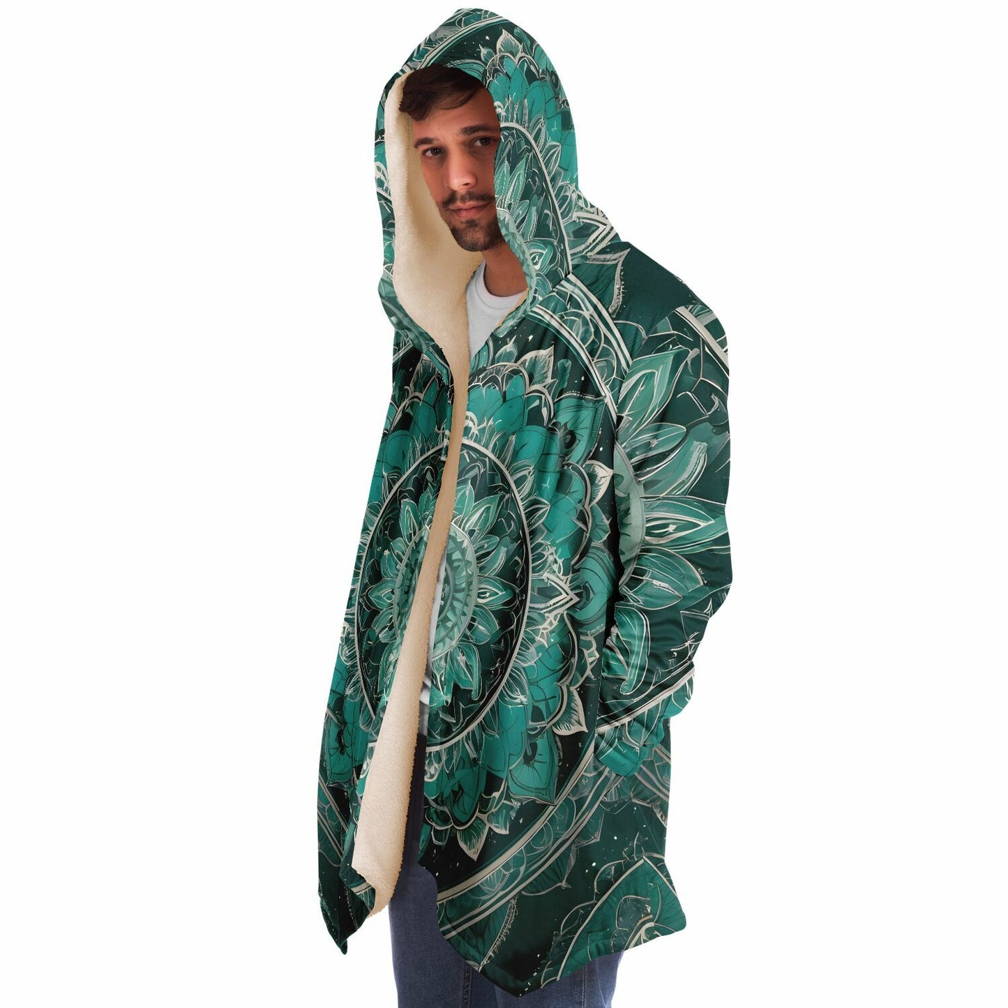 Emerald Mandala Hooded Cloak - Durable Fleece Cloak with Abstract Mandala Pattern