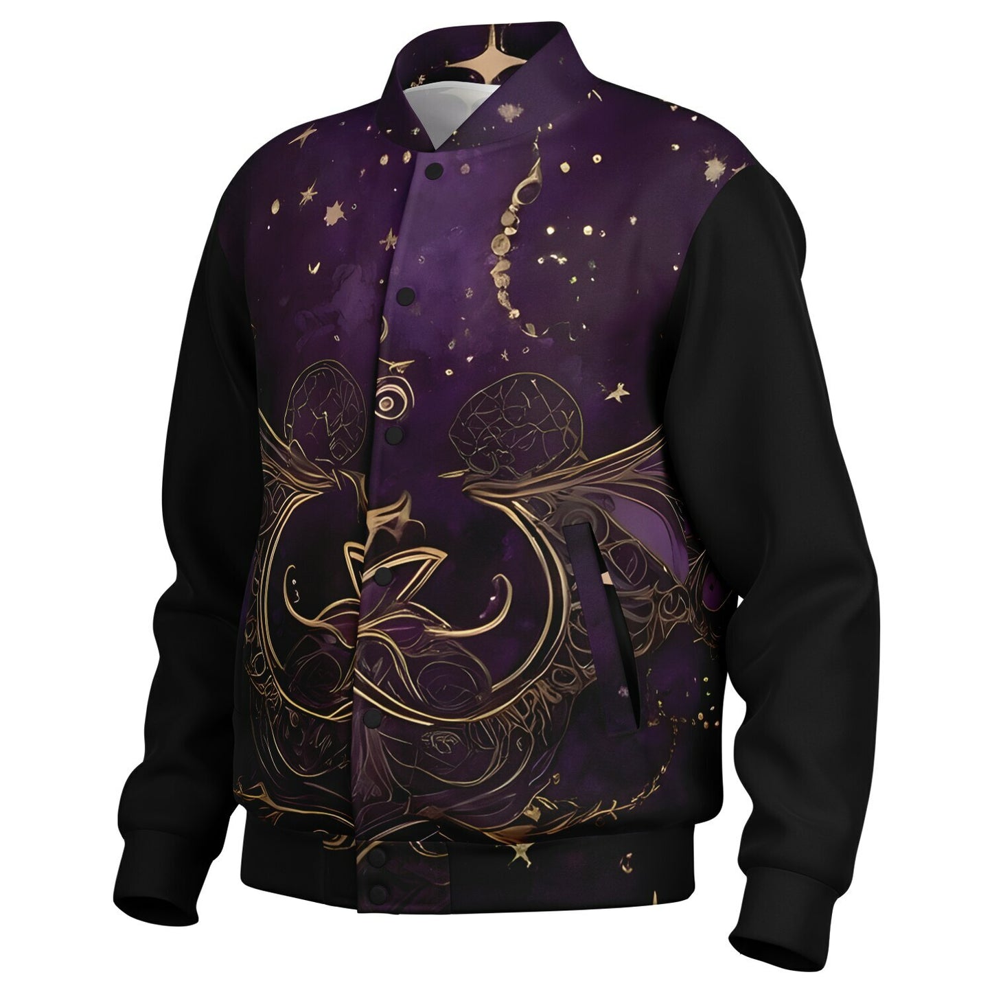 Celestial Purple Baseball Jacket - Festival Outerwear with Purple and Gold Stars