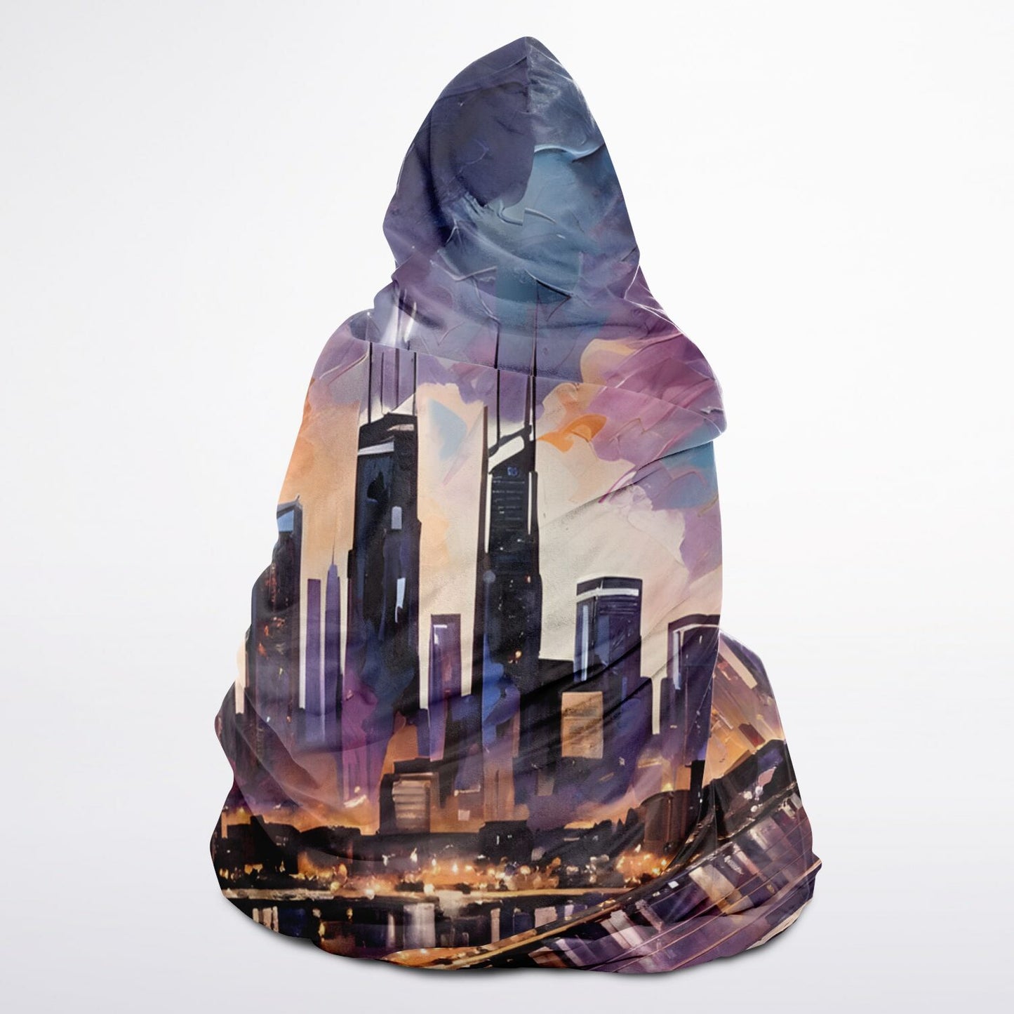 Painted Art Hooded Blanket - Sherpa Fleece with City Rave Night Horizon