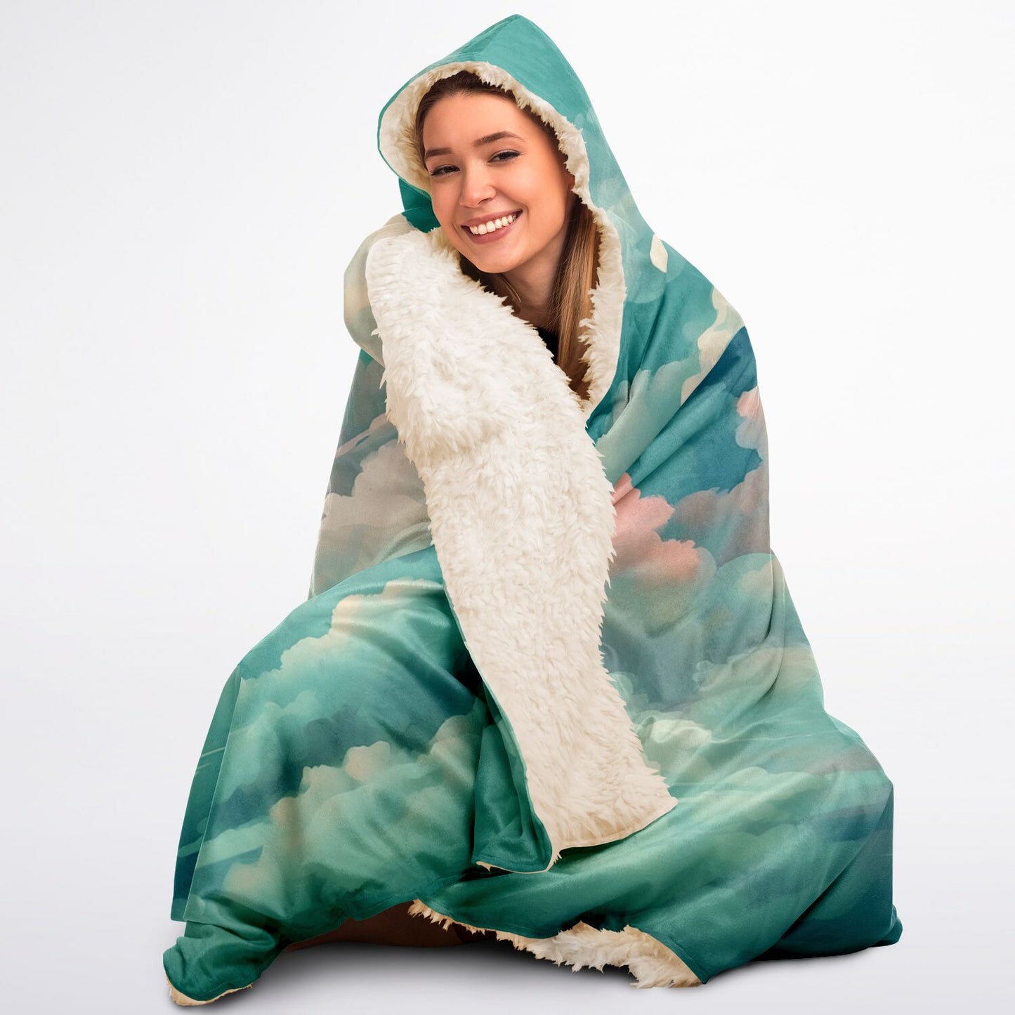 Green Clouds Hooded Blanket - Sherpa Fleece with Anime Cloud Pattern