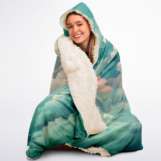 Green Clouds Hooded Blanket - Sherpa Fleece with Anime Cloud Pattern