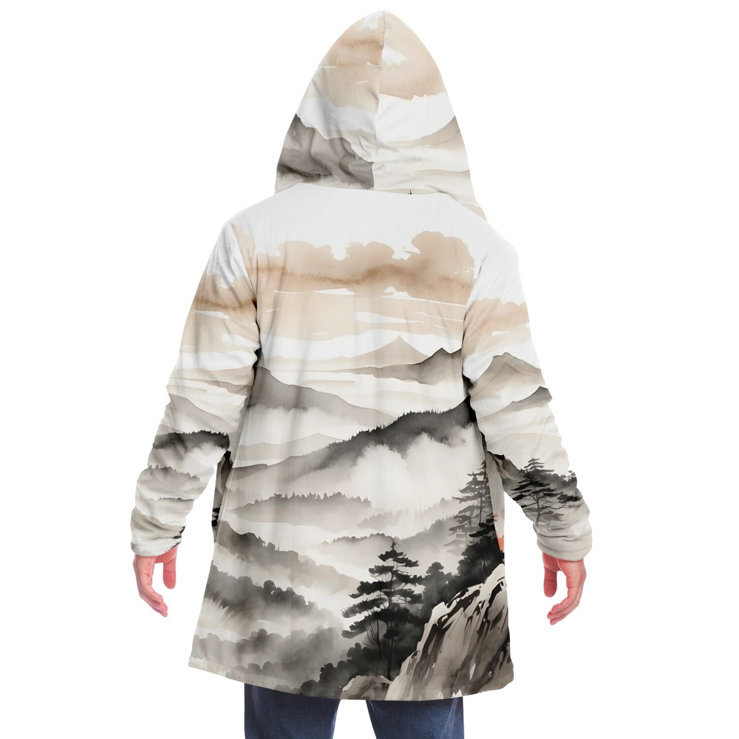 Asia Mountain Hooded Cloak - Sherpa Fleece with Fantasy Japanese Horizon