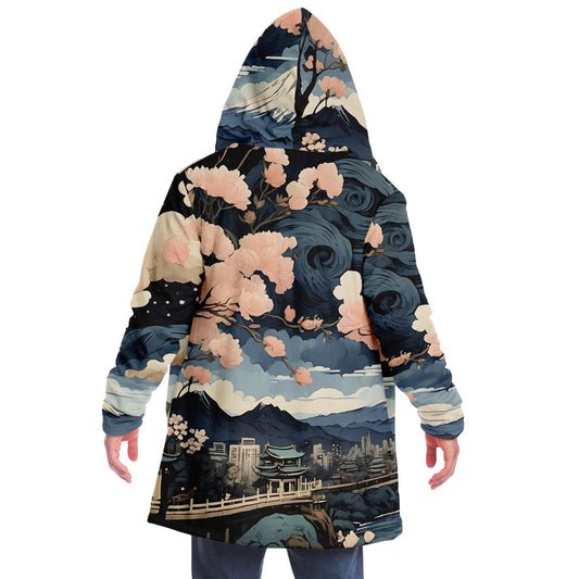 Painted Kyoto Hooded Cloak - Sherpa Fleece with Anime Japanese City Skyline