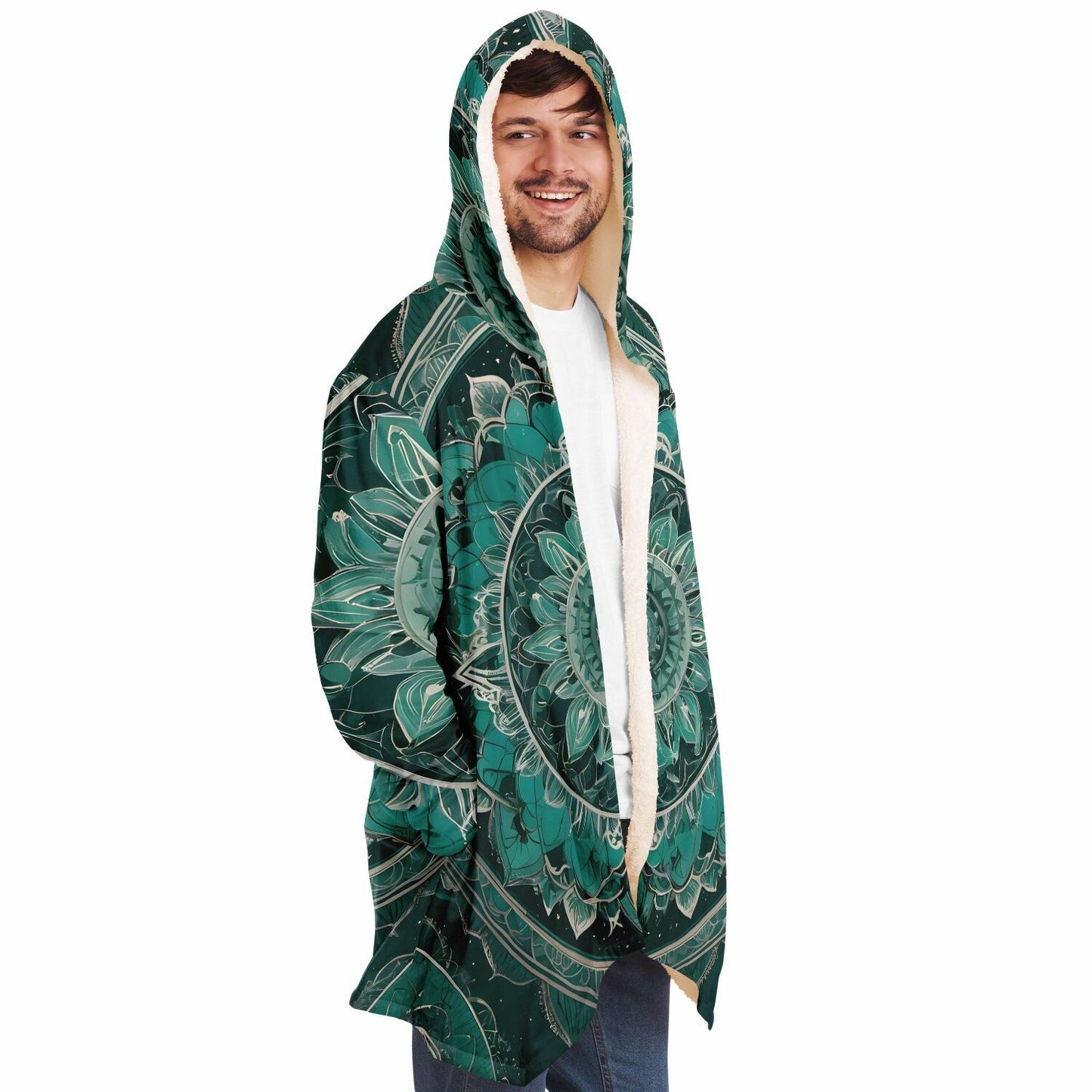 Emerald Mandala Hooded Cloak - Durable Fleece Cloak with Abstract Mandala Pattern